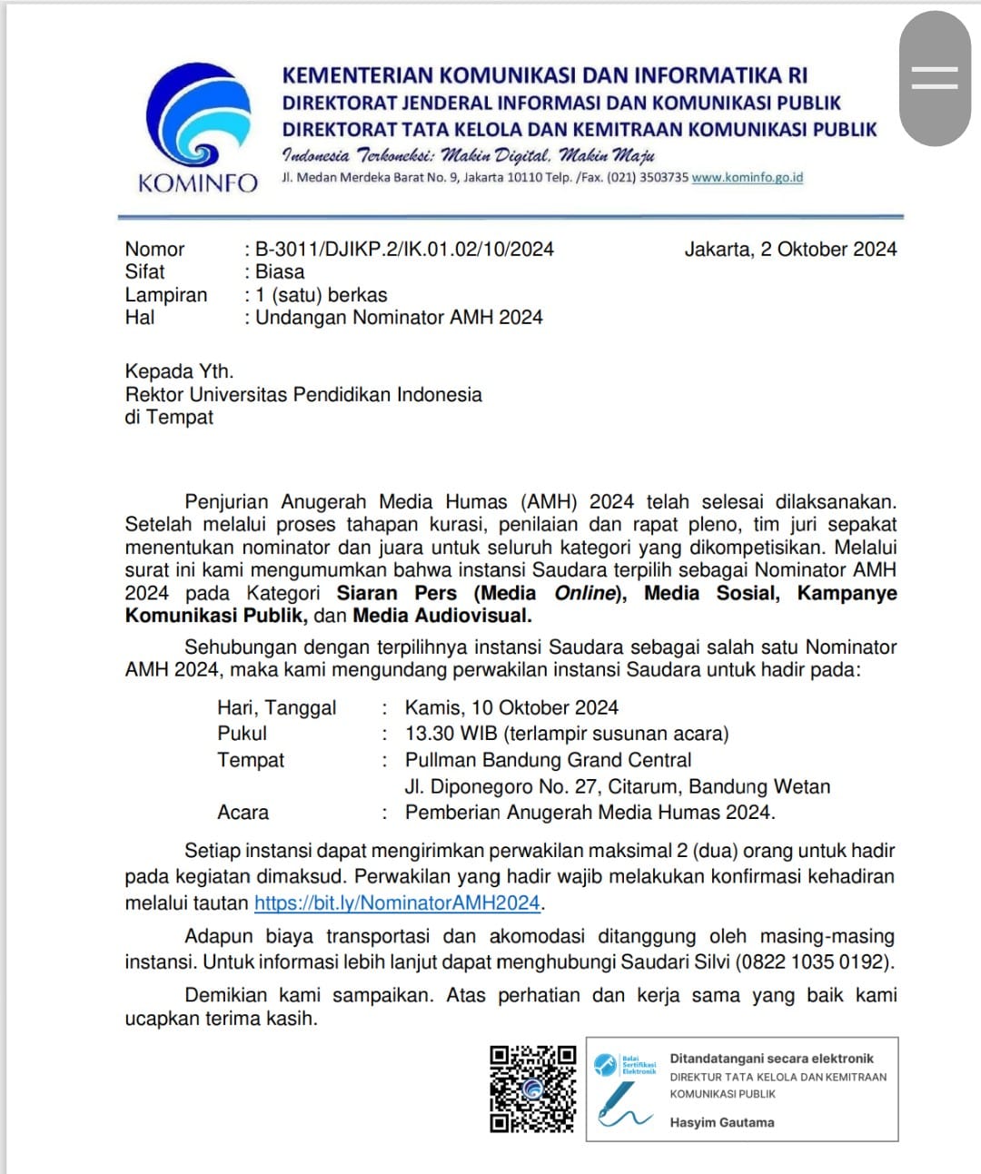 Humas UPI Raih Nominasi di Ajang AMH Kominfo 2024